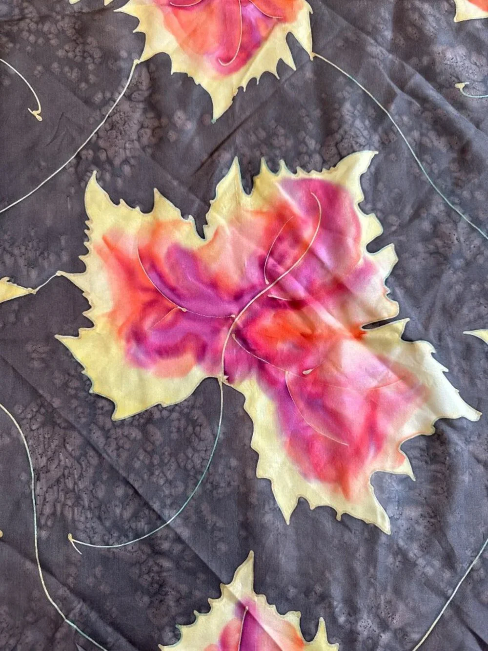 Vibrant Square Leaf Black Orange Pink Silk Scarf Spring Summer Fall